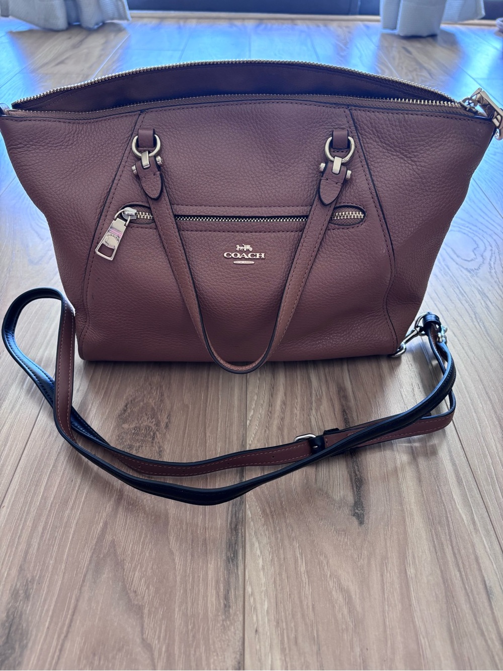 COACH Beige Pebbled Leather Prairie Satchel with Crossbody Strap